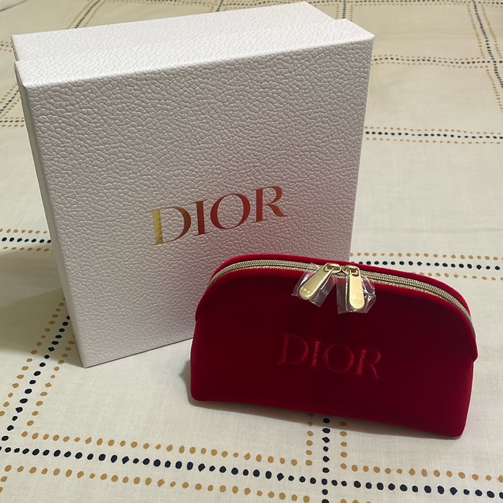 Dior beauty red velvet dome style cosmetic bag